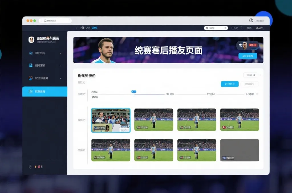 比赛结束后，电视屏幕展示集锦回放页面，旁边有时间轴和多角度切换提示